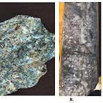 Photographs: A. Dump material with chalcopyrite near Georgine Pit and historic adit, B. Diorite porphyry with secondary biotite-magnetite alteration in veinlets, C. quartz-tourmaline-pyrite in bleached silicified diorite porphyry.