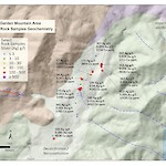 Garden Mountain Area Select Rock Sample Geochemistry. See news release dated June 10, 2020 for technical details on rock sampling. Refer to Total Magnetic Intensity for mine location.